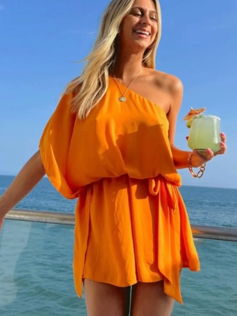 Mumu Orange One-Shoulder Women's Dress With Waist Tie
